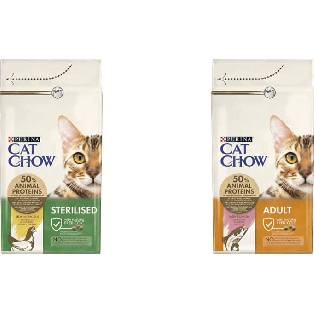 Purina Cat Chow Purina Chow Sterilised rich in Chicken dry food, White &  Purina Cat Chow Purina Chow Adult Rich In Salmon Dry Food, White - Buy  Online Pet Food